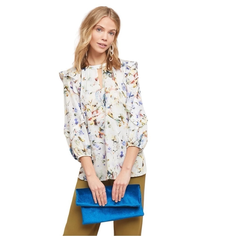 Dolan Araminta Floral Ruffle Satin Knit Blouse Women’s Large Multicolor